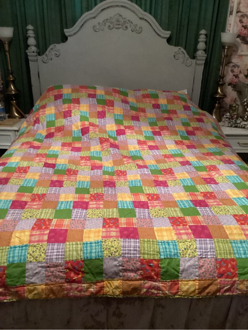 Bright Patchwork Quilt - Multicolor Cotton Bedspread 80 x 84 approx
